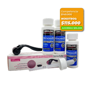 Combo Minoxidil Kirkland original: 3 frascos + Derma Roller GRATIS y envío incluido.