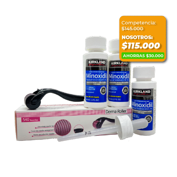 Combo Minoxidil Kirkland original: 3 frascos + Derma Roller GRATIS y envío incluido.