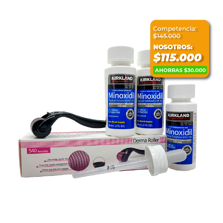 Combo Minoxidil Kirkland original: 3 frascos + Derma Roller GRATIS y envío incluido.
