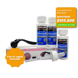 Combo Minoxidil Kirkland original: 3 frascos + Derma Roller GRATIS y envío incluido.