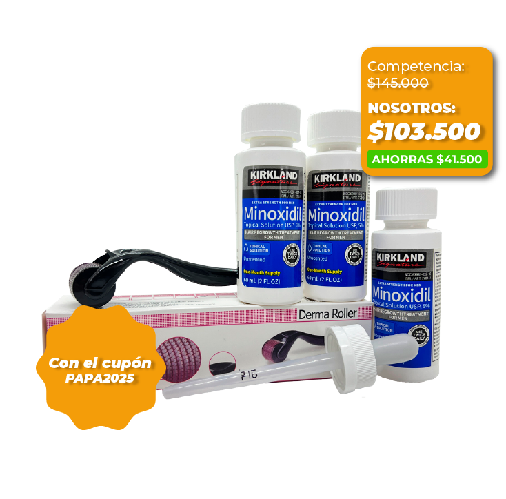 Combo Minoxidil Kirkland original: 3 frascos + Derma Roller GRATIS y envío incluido.